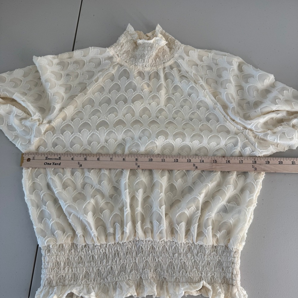 HM Smocked Mock Neck Blouse 10 Cream Sheer Victorian Coquette Cottagecore Boho - Picture 7 of 12